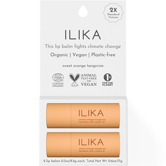 ILIKA Lip balm Organic, Vegan, Plastic-free, 100% Plant-based, 2X Volume, COSMOS Certified Organic, PETA Certified Vegan & Cruelty-Free, 2 Pack, Orange Tangerine - Reskined- Best Price in United States