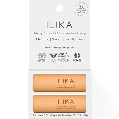 ILIKA Lip balm Organic, Vegan, Plastic-free, 100% Plant-based, 2X Volume, COSMOS Certified Organic, PETA Certified Vegan & Cruelty-Free, 2 Pack, Orange Tangerine - Reskined- Best Price in United States