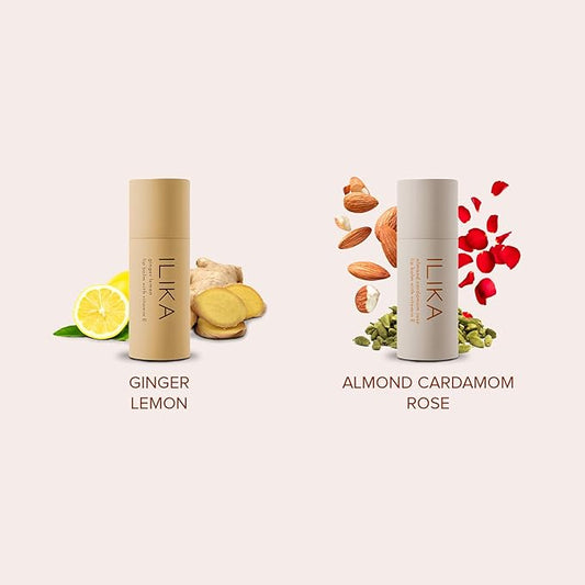 ILIKA Lip balm, Organic, 100% Plant-based, Natural Lip Treatment, COSMOS Certified Organic, PETA Certified Vegan & Cruelty-Free 2 Pack, Ginger Lemon & Almond Cardamom Rose - Reskined- Best Price in United States
